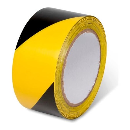 Global Industrial Striped Hazard Warning Tape, 2inW X 108'L, 5 Mil, Black/Yellow, 1 Roll